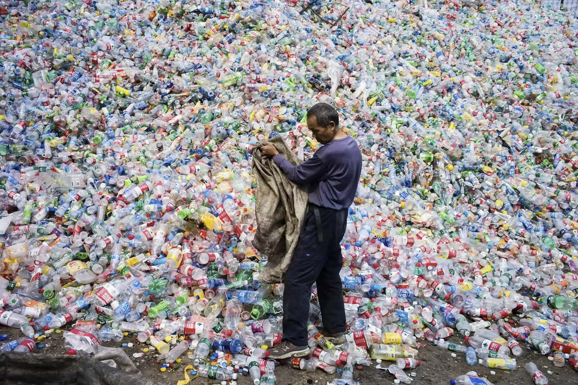 Man stands in front of a very large pile of plastic drinking bottles.